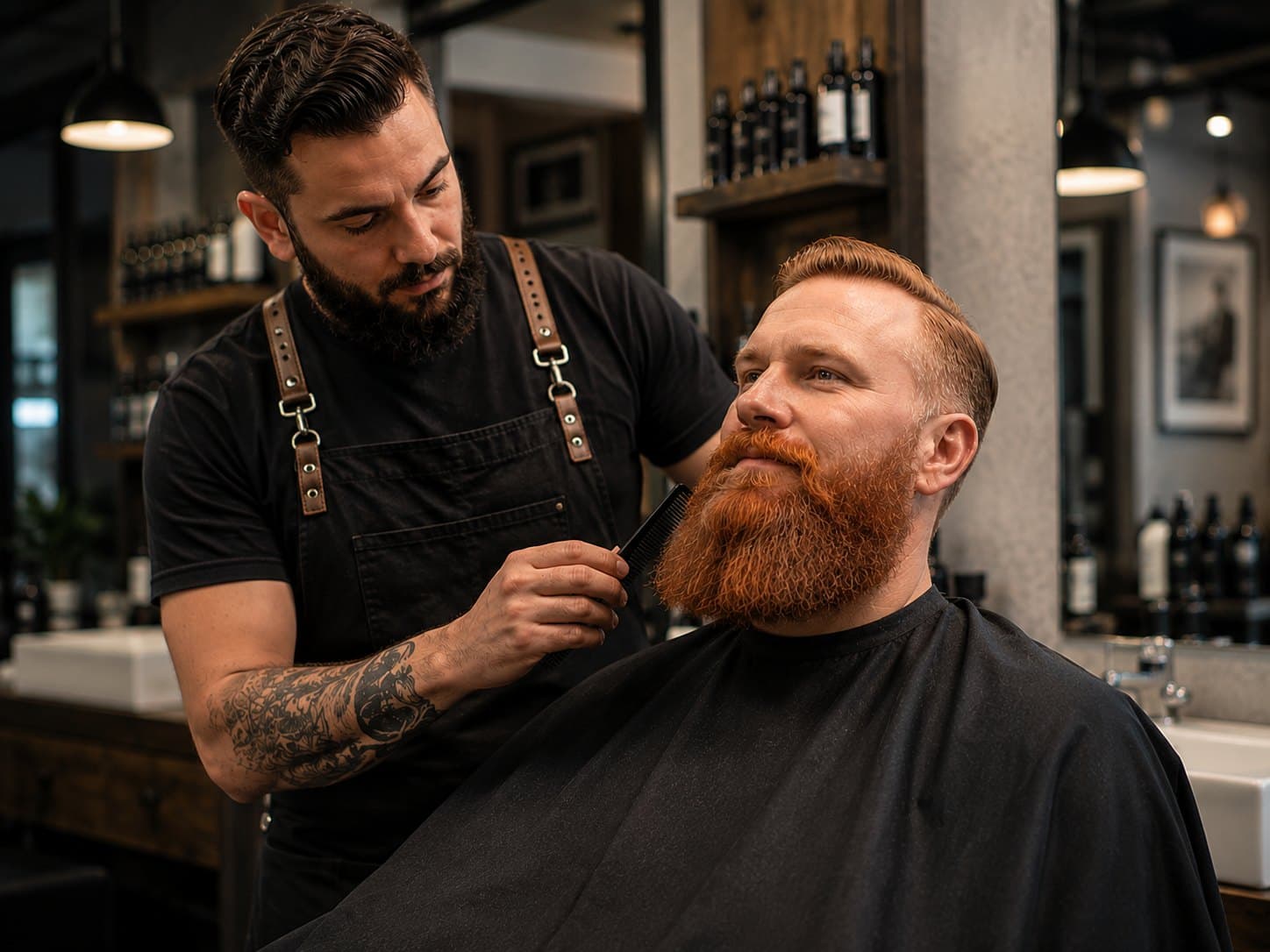 Barbier en train de tailler la barbe d’un client