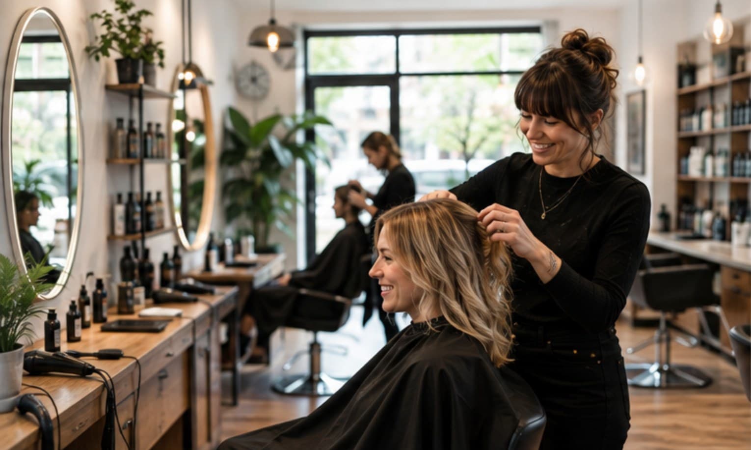 Coiffeuse en train de coiffer un client dans son salon
