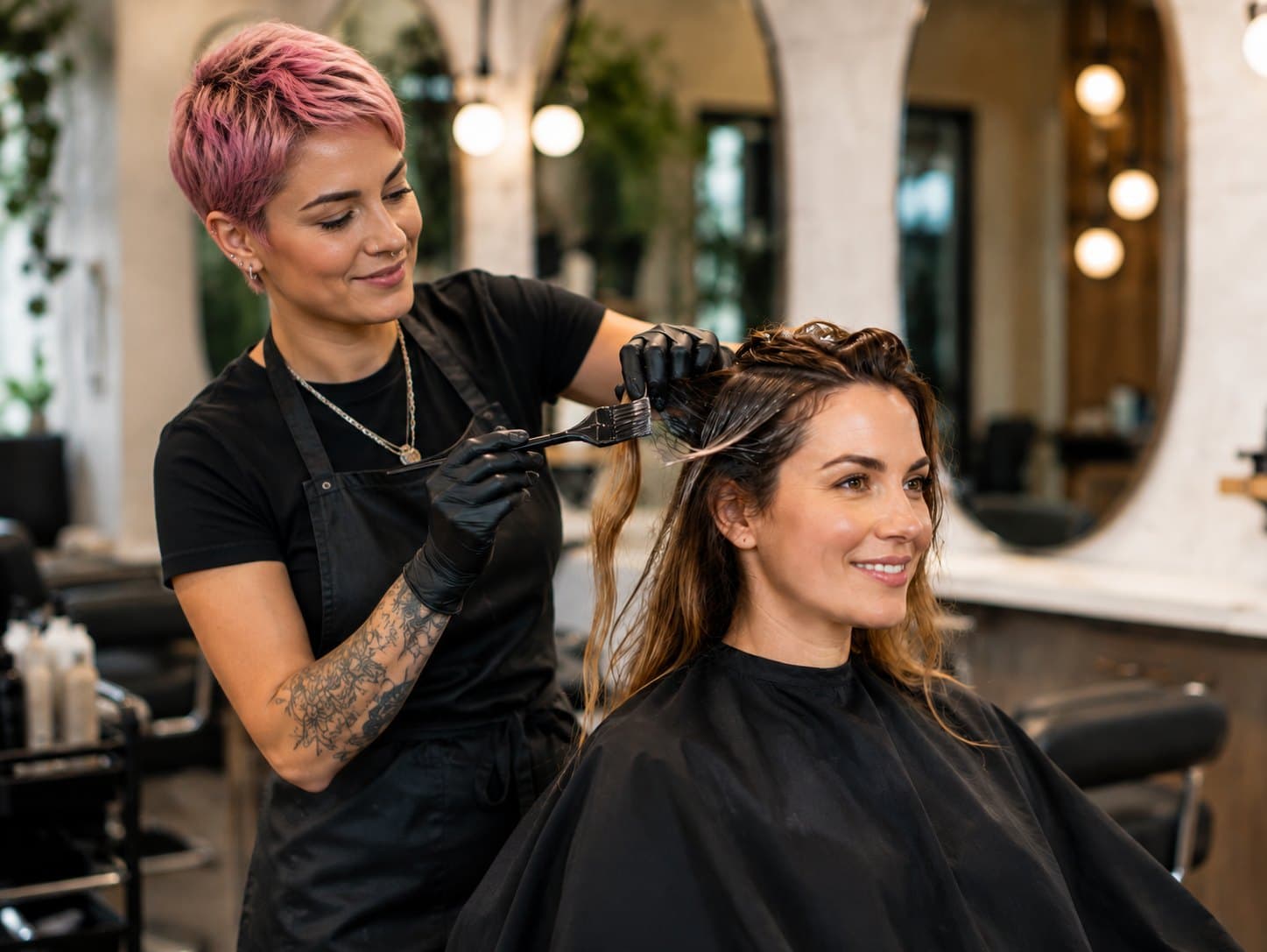 Coloriste en train de poser une couleur sur les cheveux d’un client