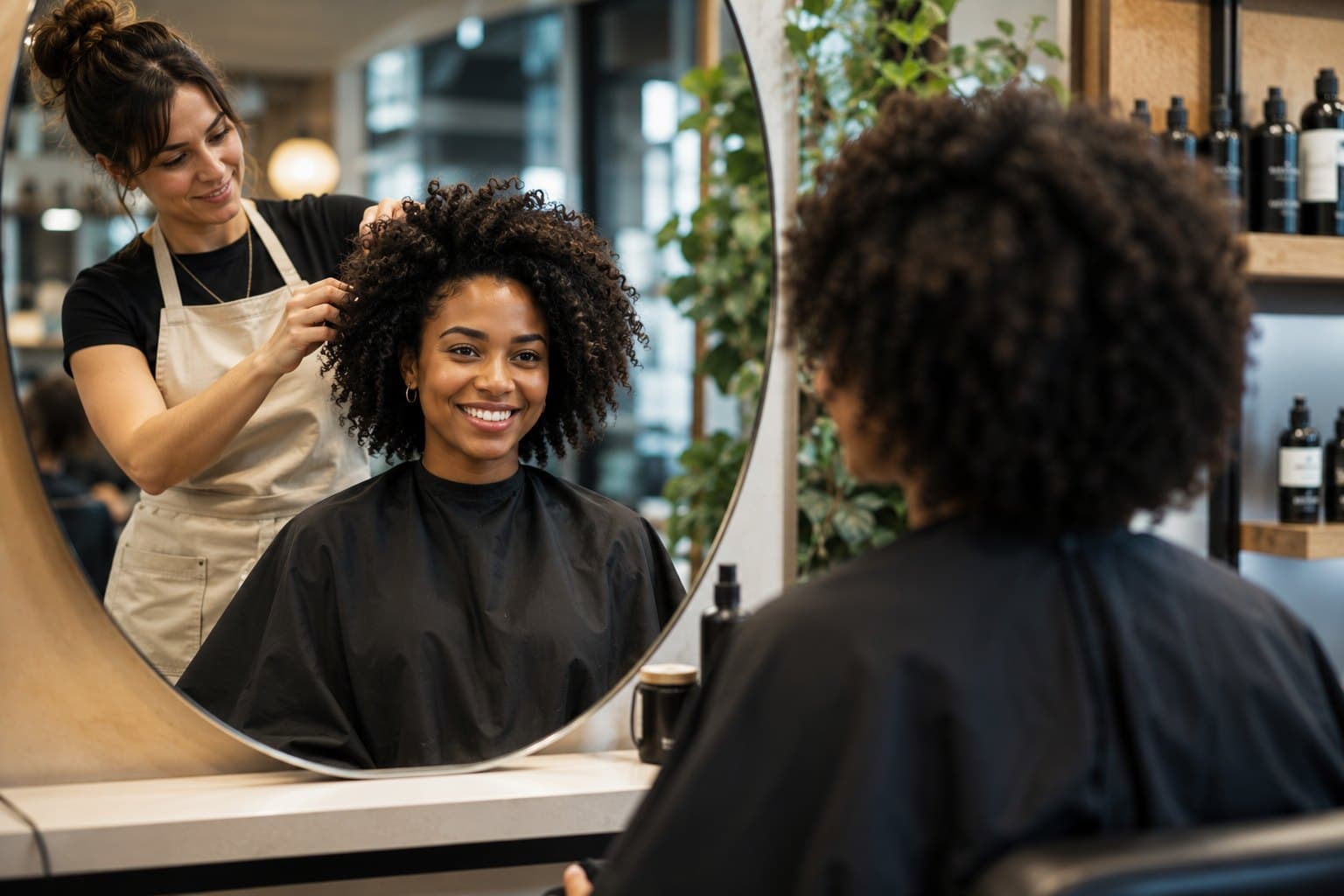Coiffeuse et son client devant le miroir du salon